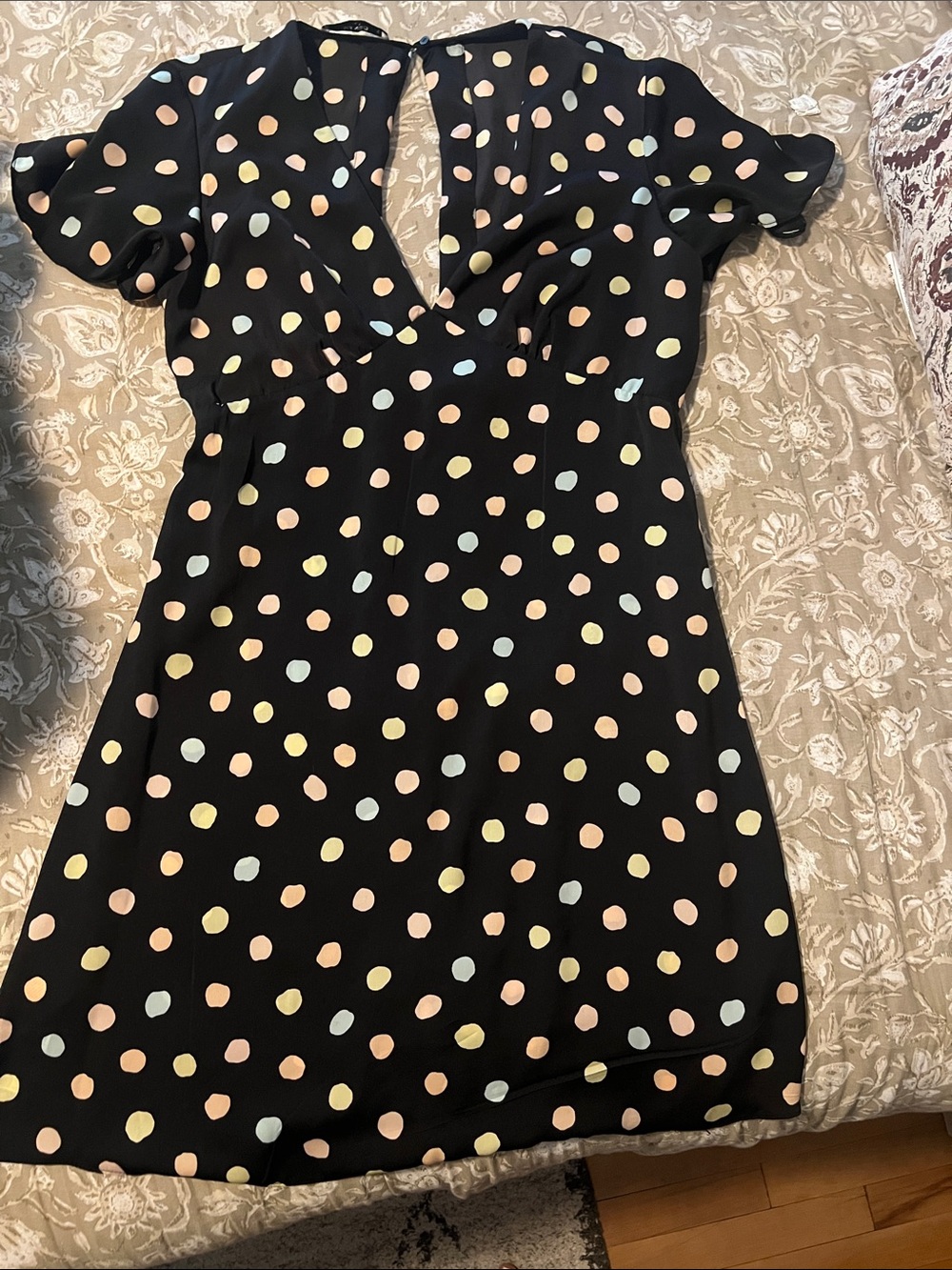 Mango Black Mini Dress with Pastel Polka Dots